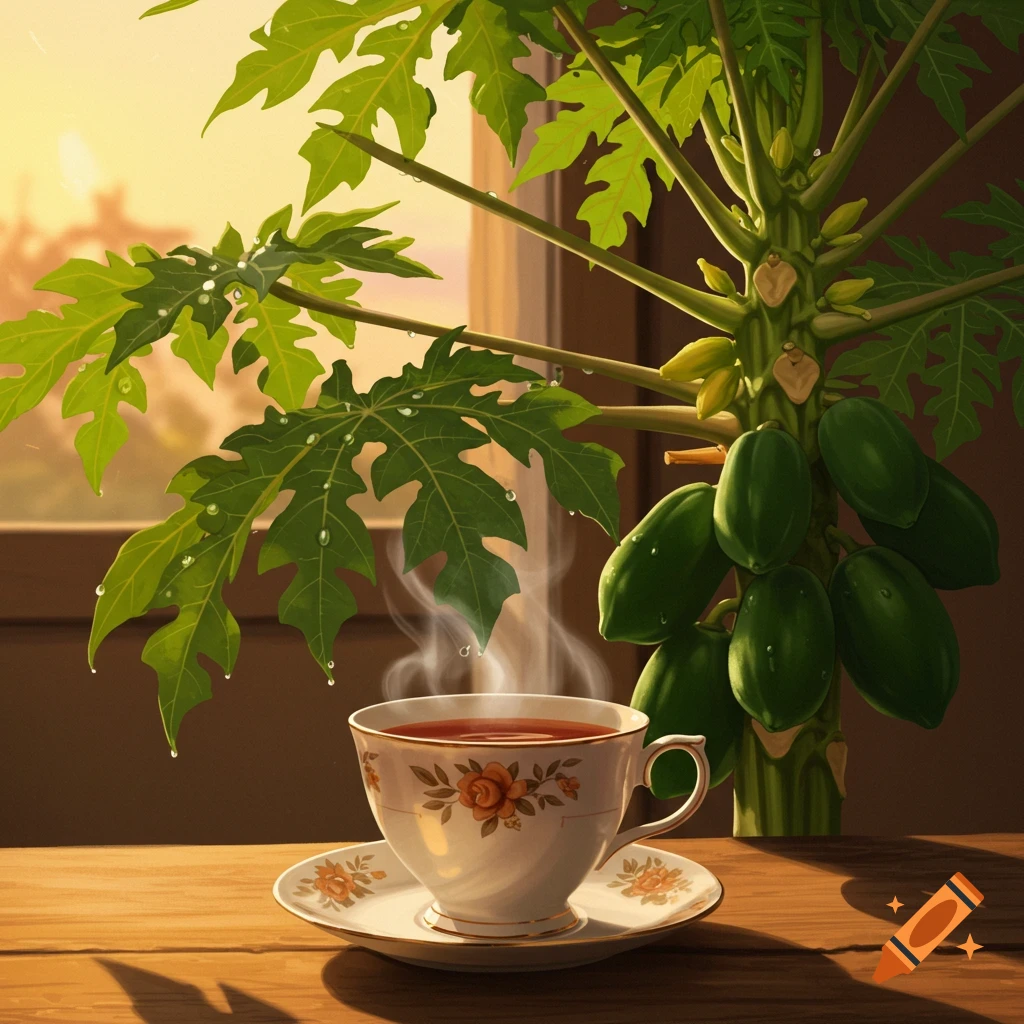 A cup of tea on a table next to a papaya plant.