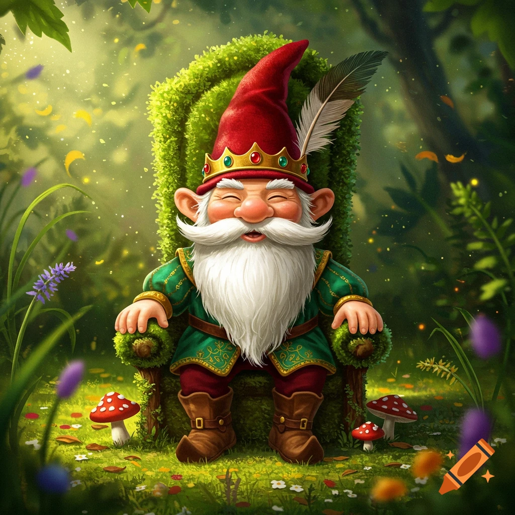 A smiling gnome king with a red hat and crown sits on a moss throne in a forest.