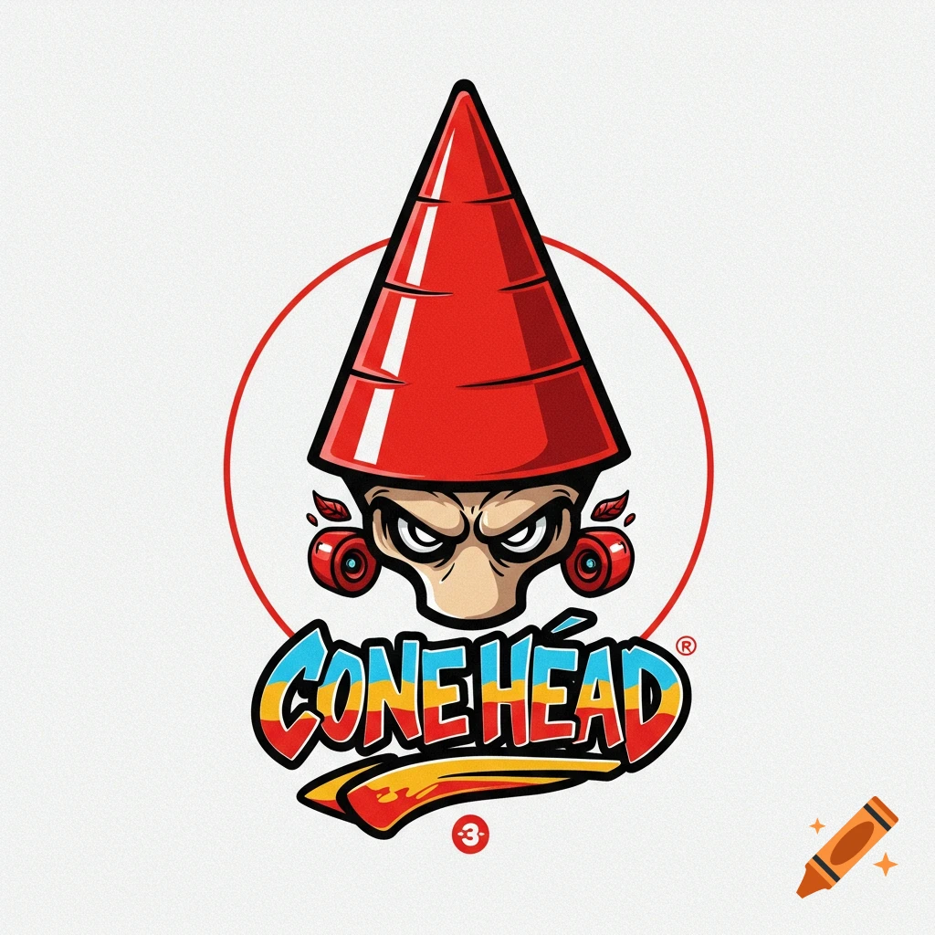 Logo featuring a character with a red cone head, skate wheels for ears, and the text CONEHEAD.