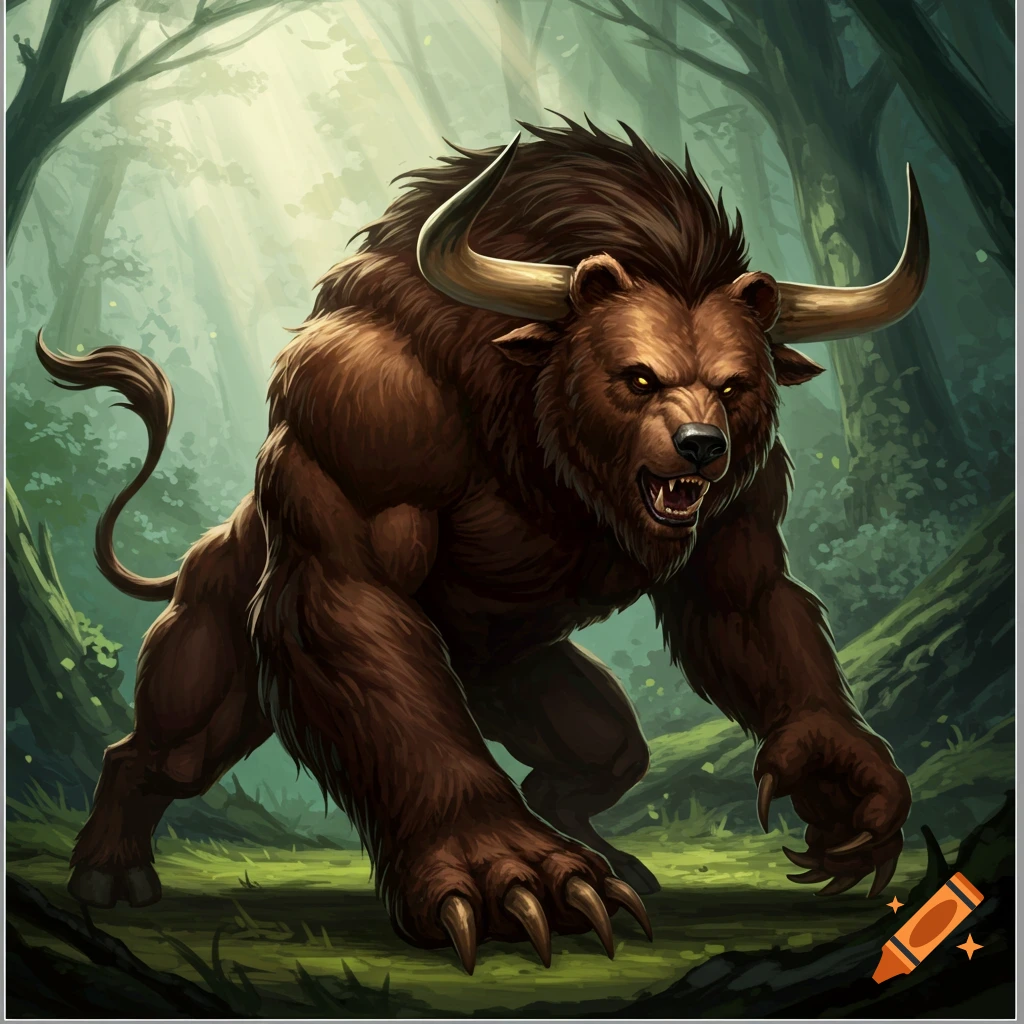 A fierce bear-like creature with bull horns stands in a forest.