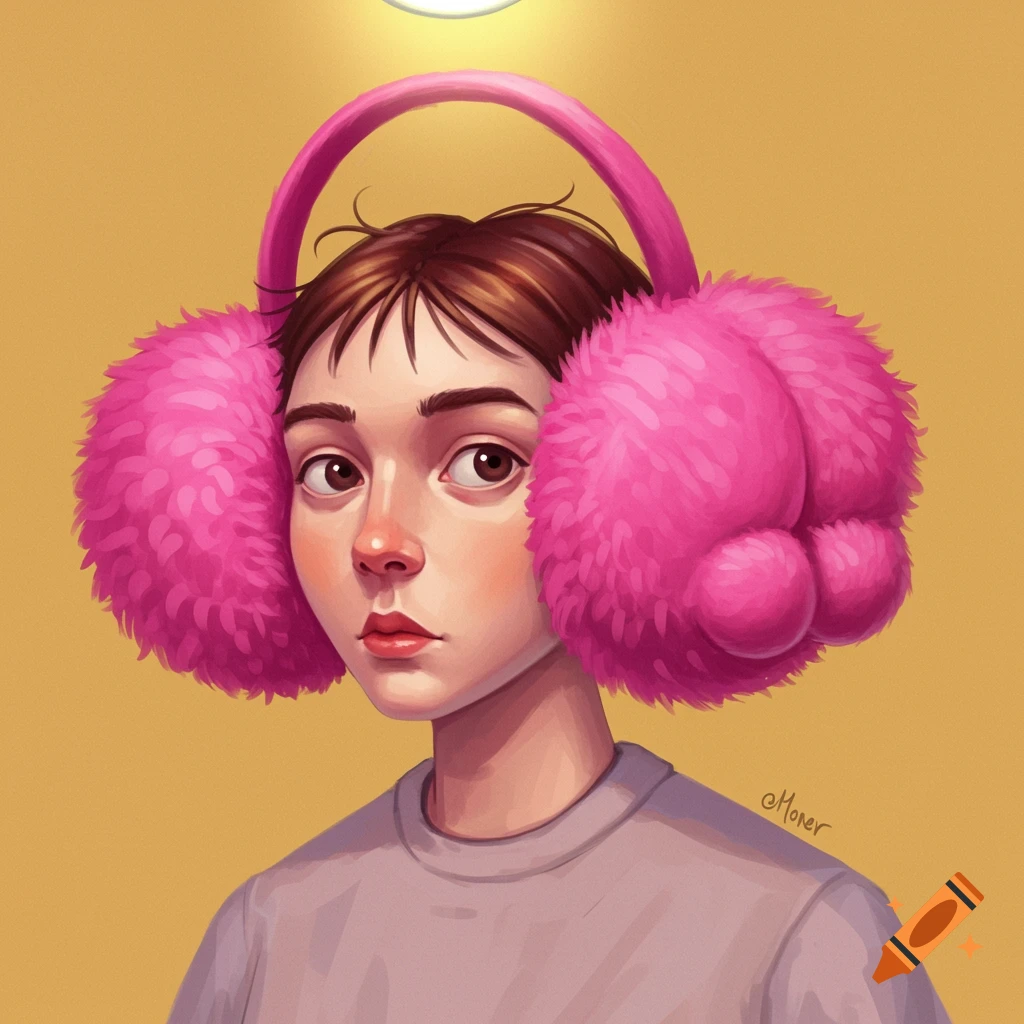 A person wearing large, bright pink fuzzy earmuffs against a yellow background.