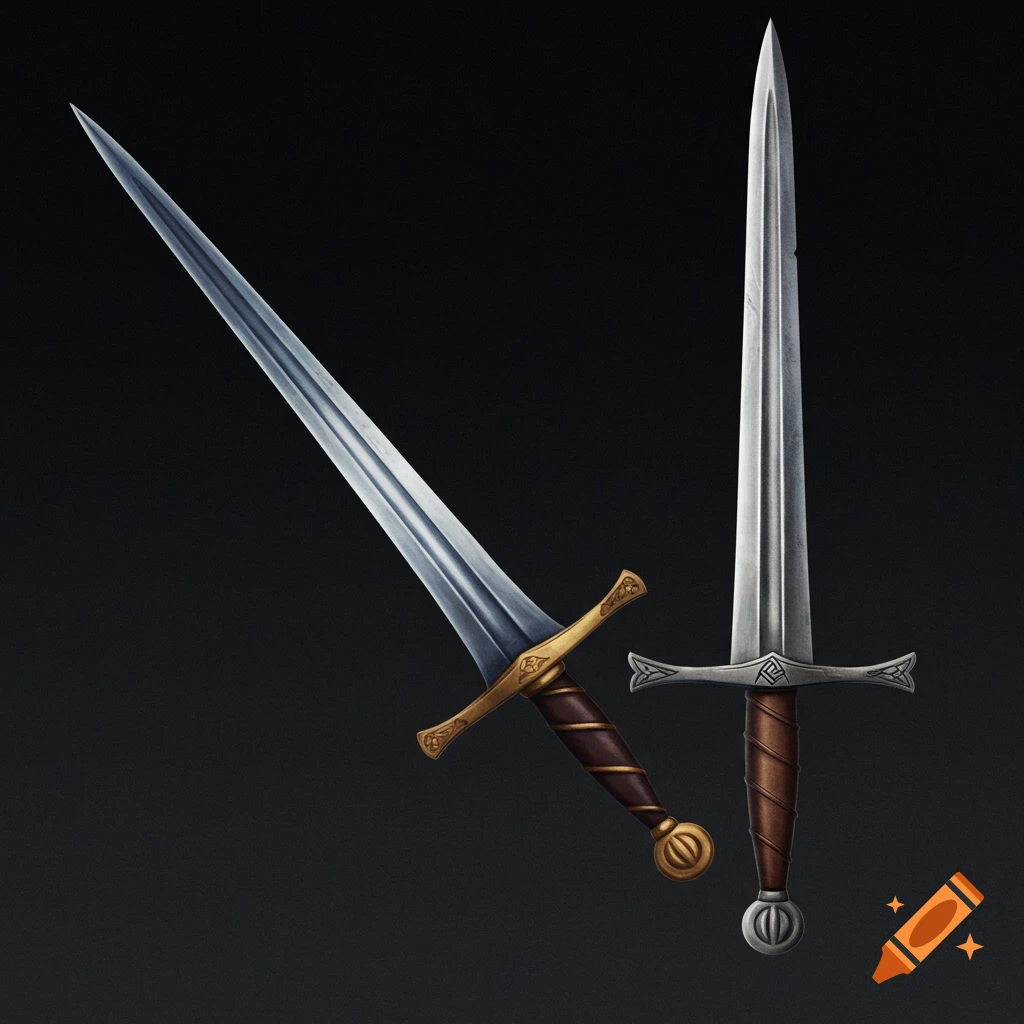 Two detailed swords with intricate hilts against a dark background.