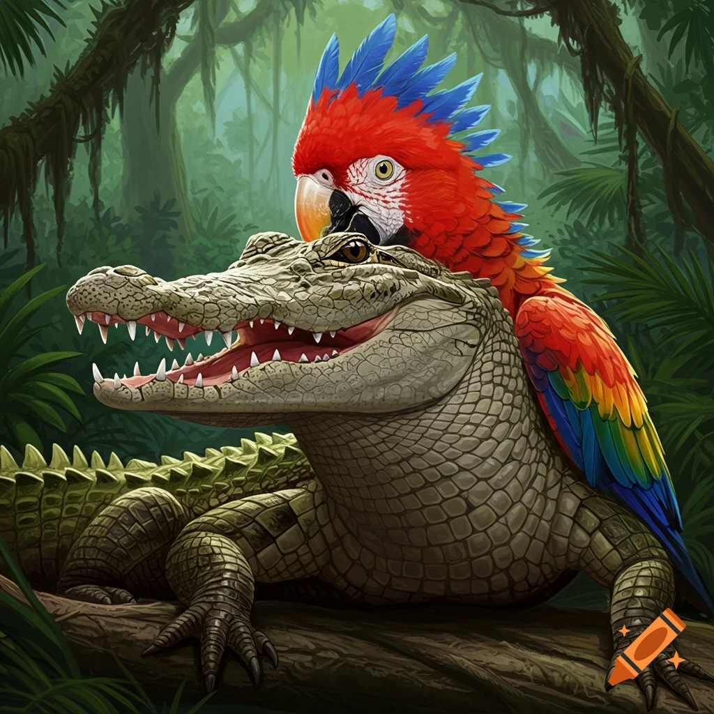 an alligator-parrot creature in a jungle