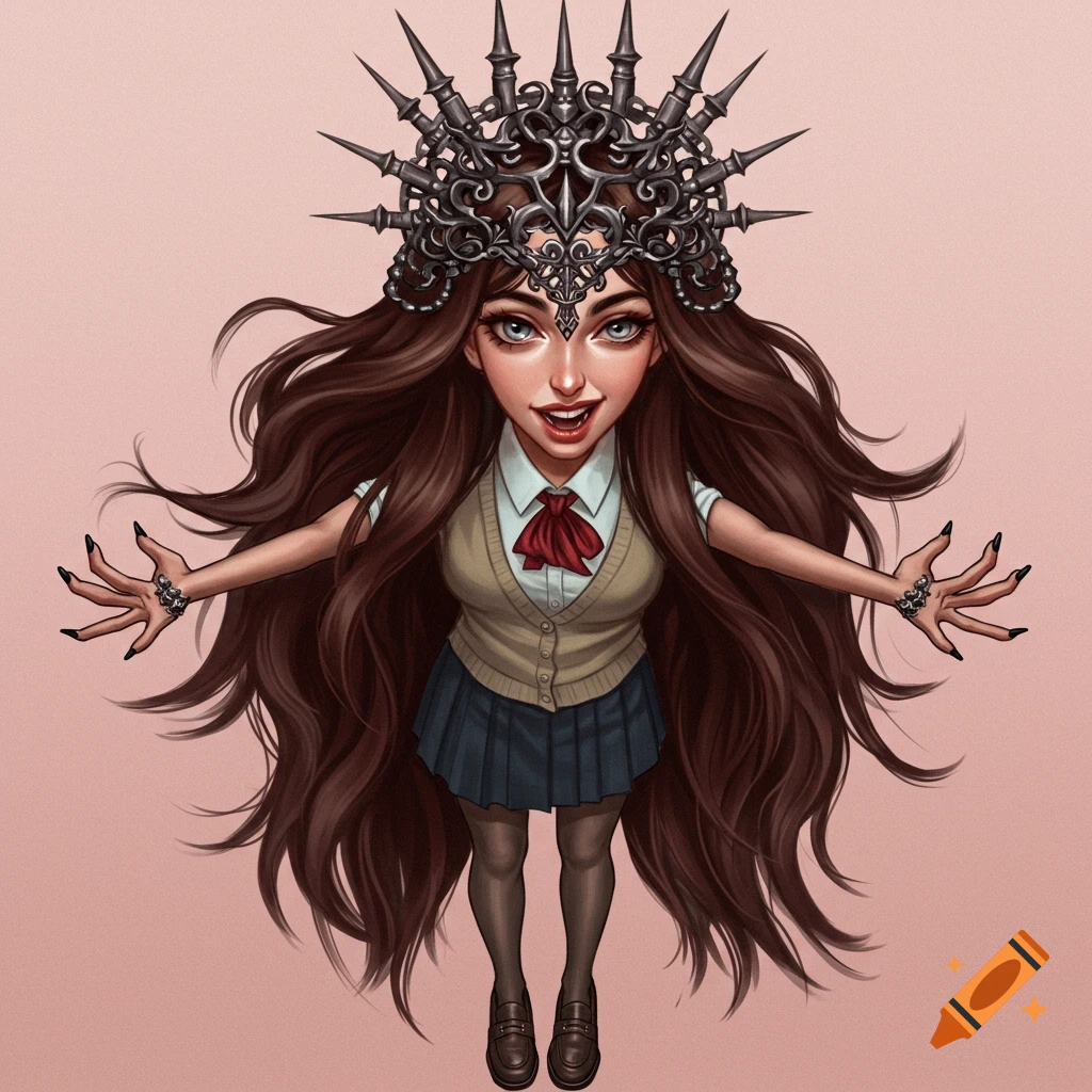 Stylized portrait of a young woman in a school uniform with a spiked crown, long brown hair, sharp nails, and fangs, arms outstretched.