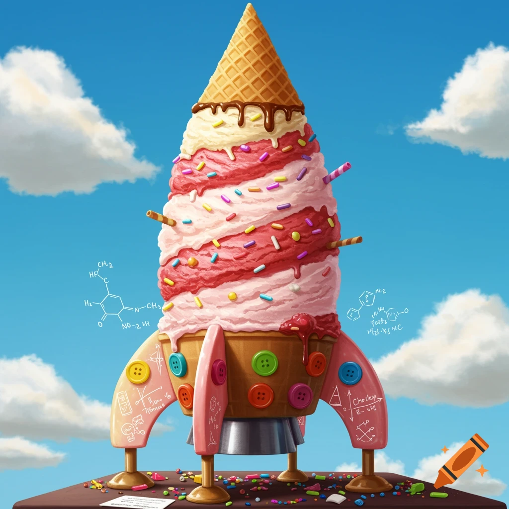 Whimsical ice cream rocket with sprinkles, buttons, and scientific symbols.