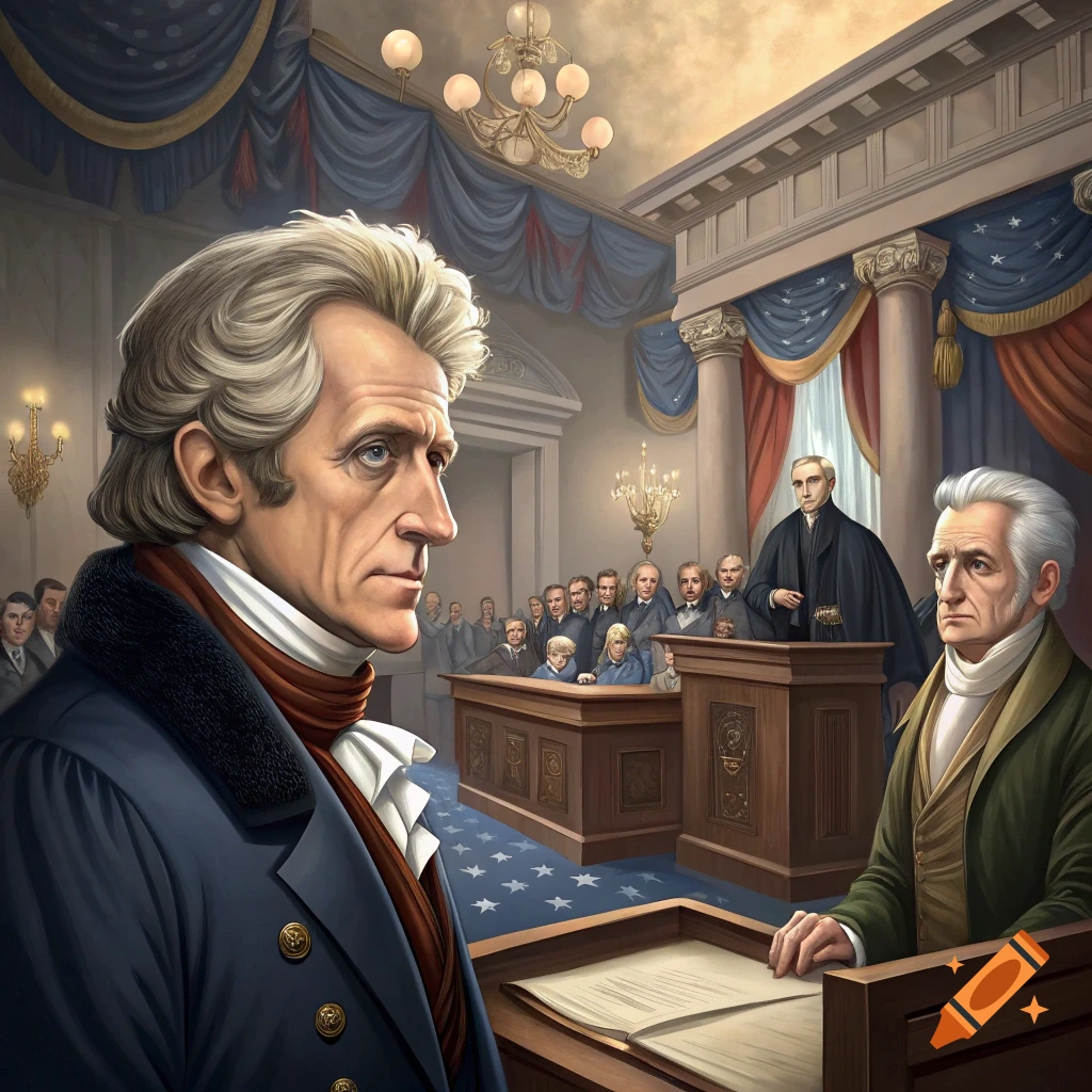 Historical illustration of Andrew Jackson and others in a courtroom setting.