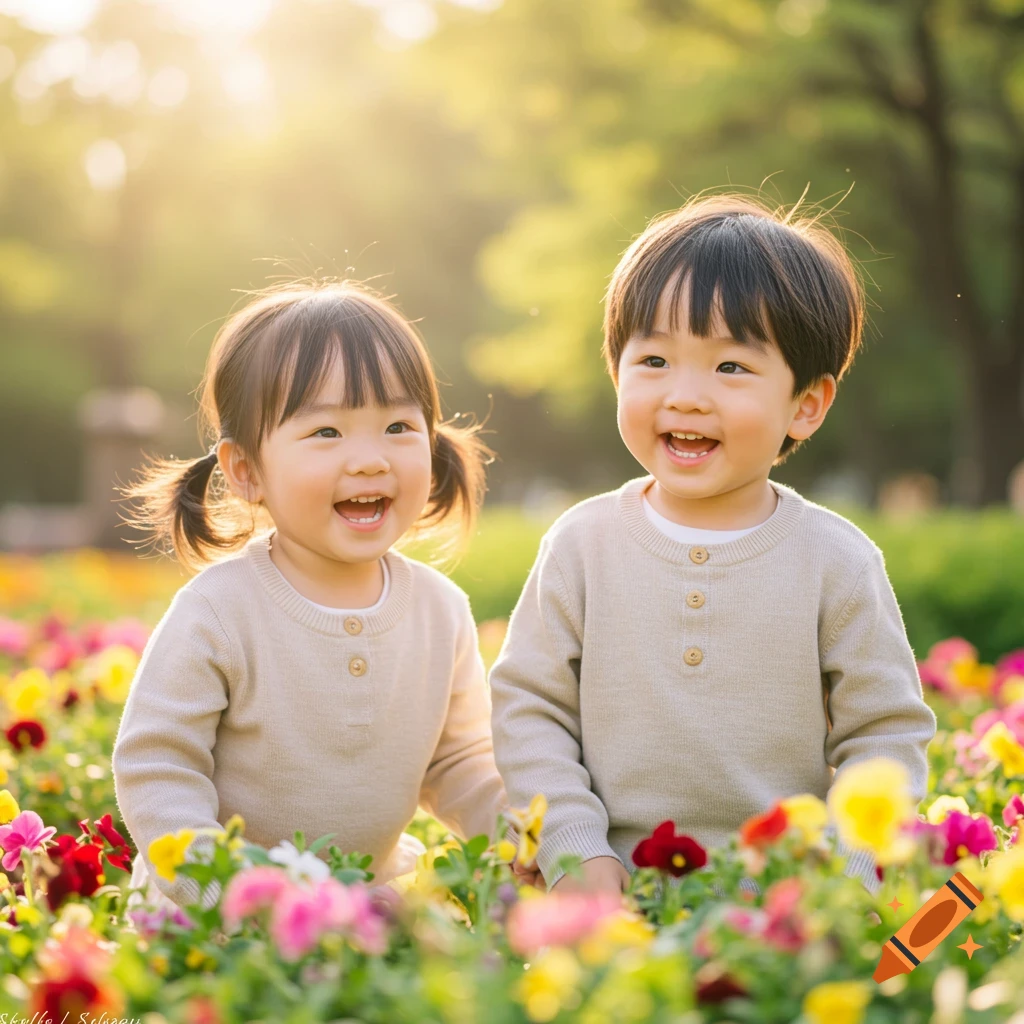 Two young children laugh in a field of colorful flowers under warm sunlight.
