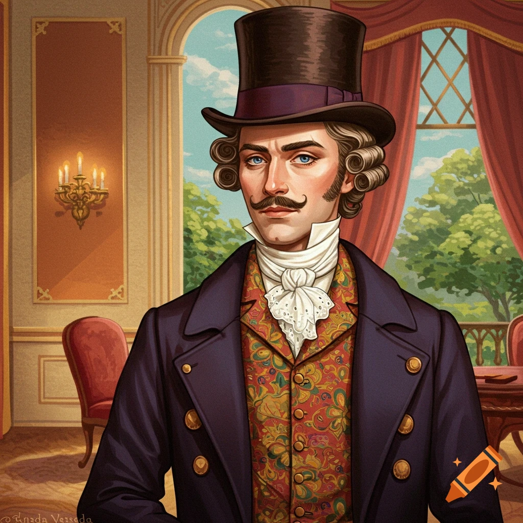 Portrait of a man in a top hat and patterned waistcoat, standing indoors.