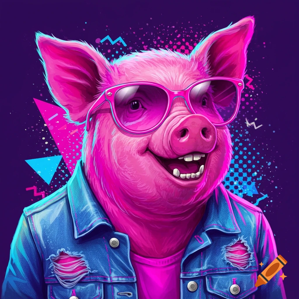 A pig wearing sunglasses and a denim jacket in front of an 80s background.