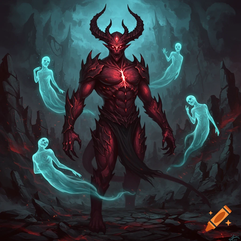 A red demon with horns and spiky armor stands among glowing blue ghosts in a dark fantasy landscape.