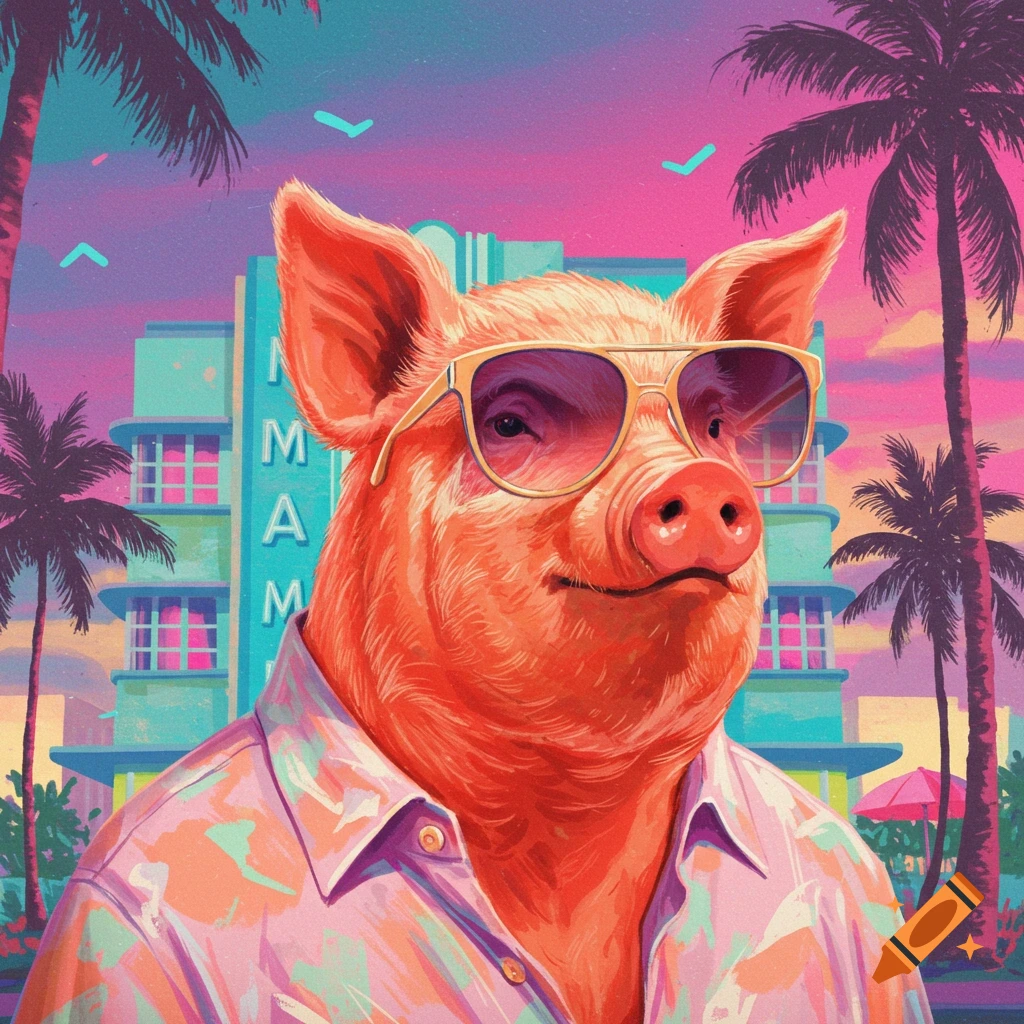 A pig in sunglasses and a shirt in 80s Miami with a building and palm trees.