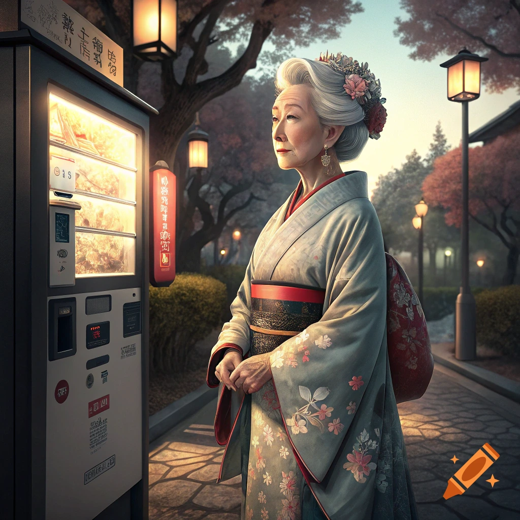 Older woman in a kimono standing next to a vending machine in a Japanese park at dusk.