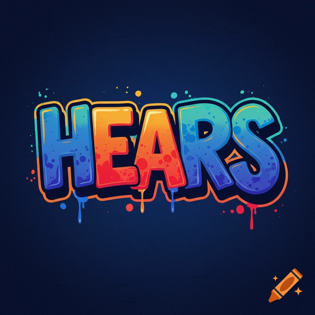 The word HEARS in colorful graffiti style with drips and splatters on a dark blue background.