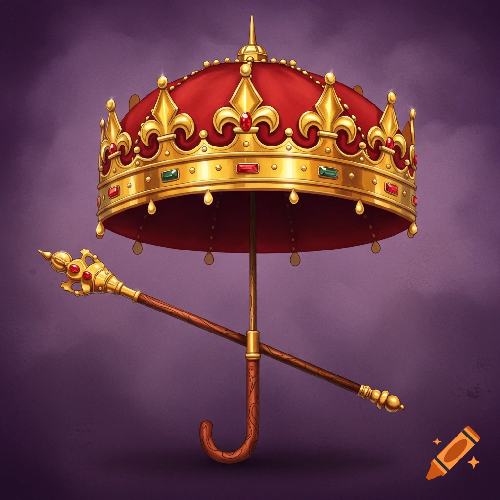 An umbrella is designed as a king's crown with a scepter.