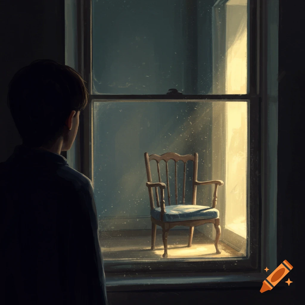 A person is looking through a window at a chair in a sunlit room.