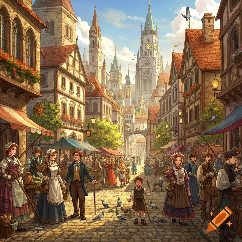 A bustling market street in a fantasy city with medieval and Victorian style buildings and people.