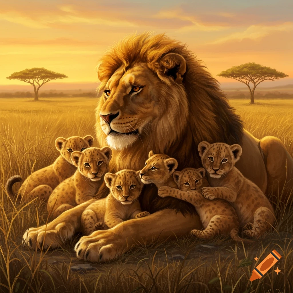 A lion is lying with six cubs in a golden savanna landscape at sunset.