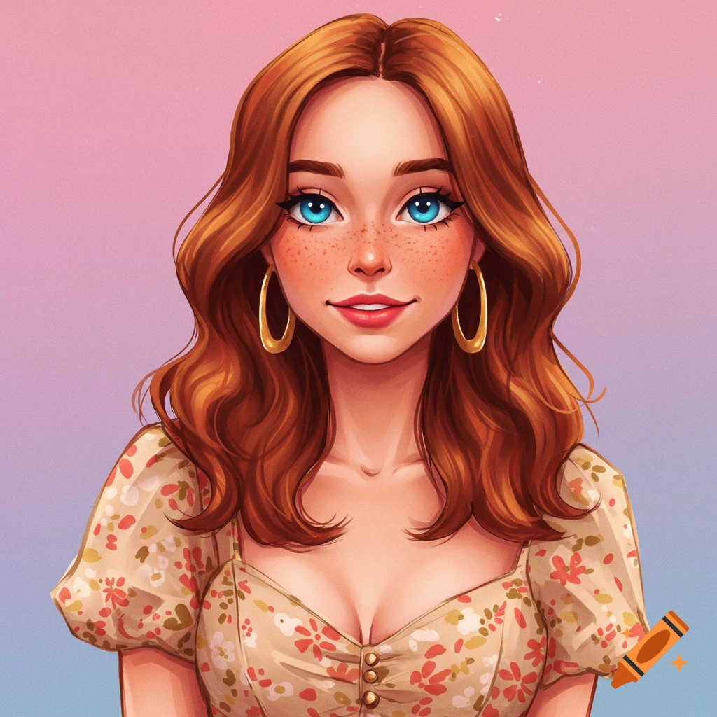 A young woman with red hair, blue eyes, and freckles wearing a floral dress.