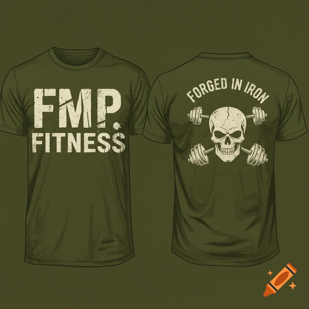 Olive green t-shirt mockup showing front with 'FMP Fitness' text and back with skull, barbells, and 'Forged in iron' text.
