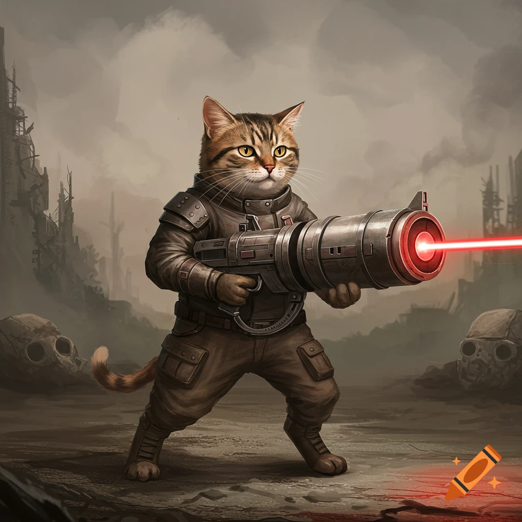 A cat in armor holding a laser gun in a post-apocalyptic city.