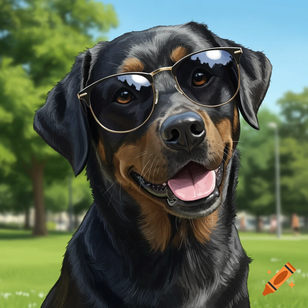 A Rottweiler dog wearing sunglasses in a sunny park.
