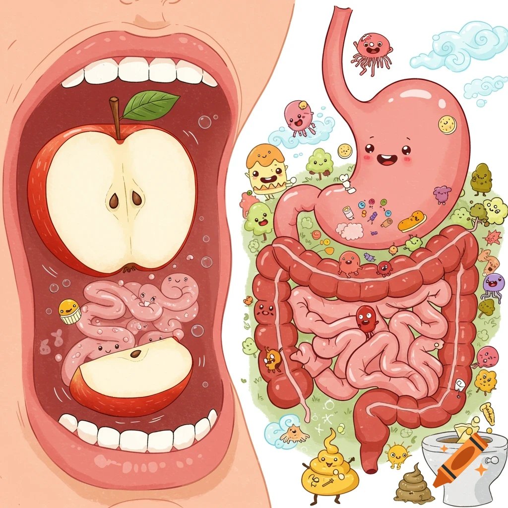 Cartoon illustration of an apple entering a human digestive system with cute microbe characters.