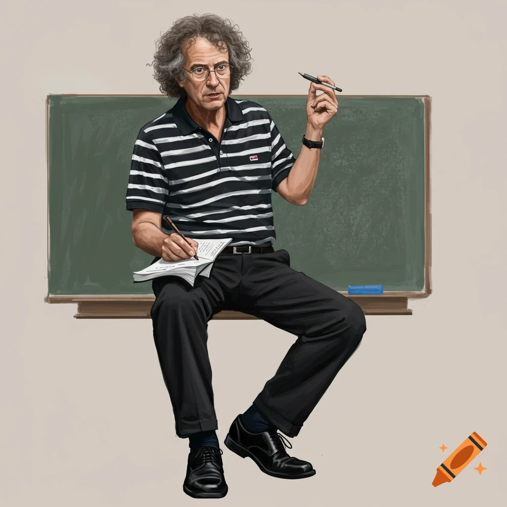 A man with curly hair and glasses, in a striped shirt, sitting on a ledge with a notebook.