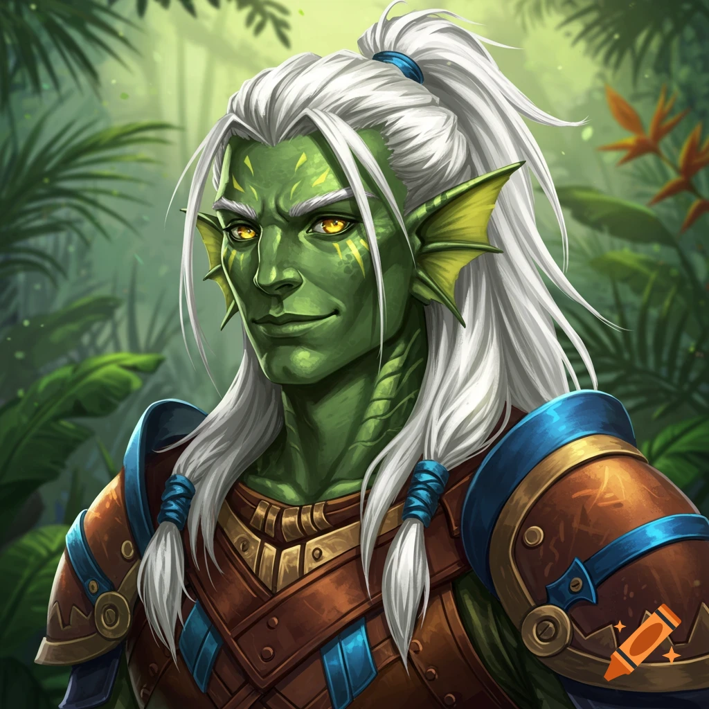 Male fantasy character with green skin, fins, white hair, and armor in a jungle.