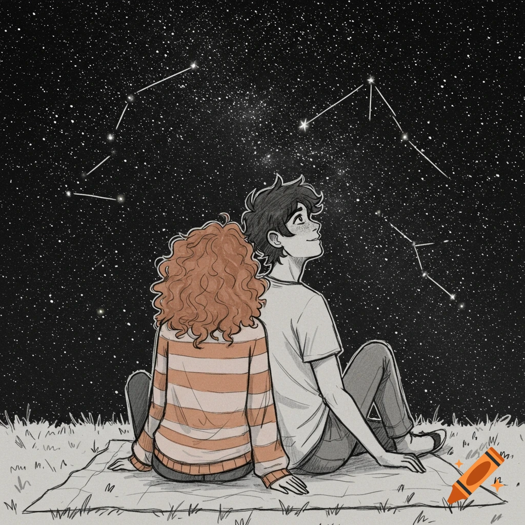 A sketch illustration of two people sitting on a blanket, looking up at a starry sky with constellations.