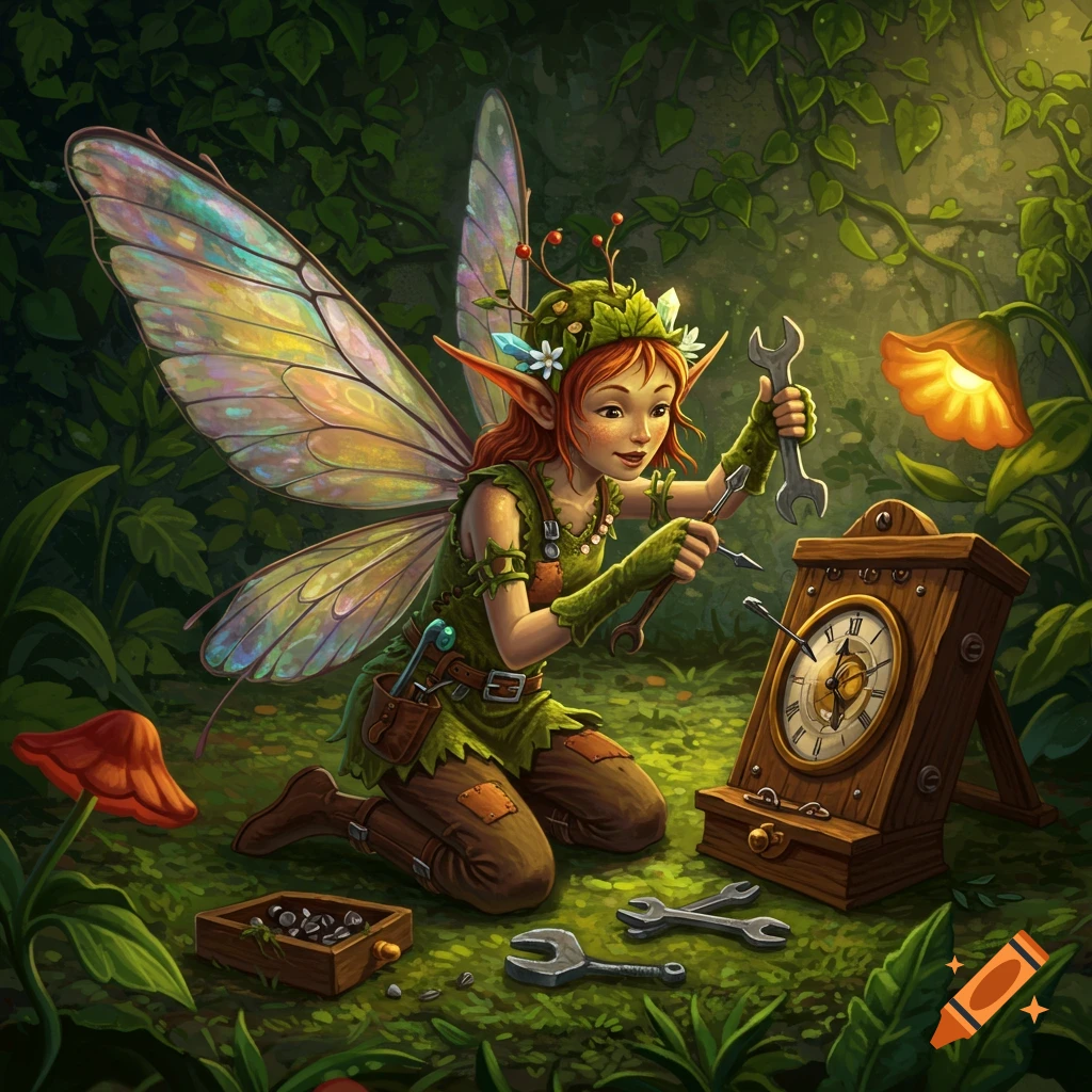 A fairy with tools is fixing a wooden clock on a forest floor.