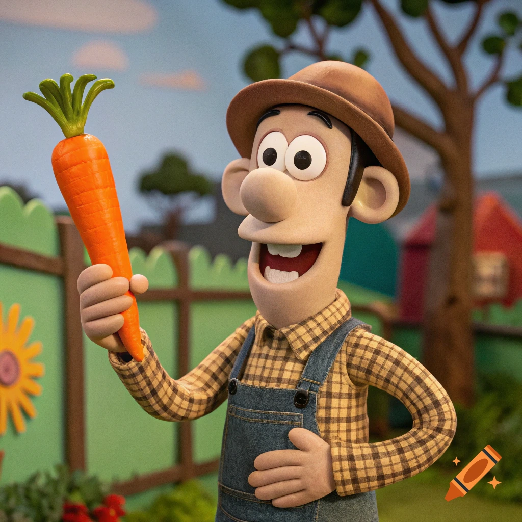 Claymation character holding a large carrot in a garden