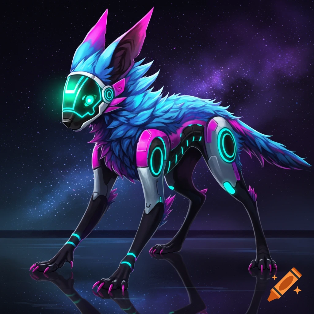 A blue and pink protogen stands against a starry background