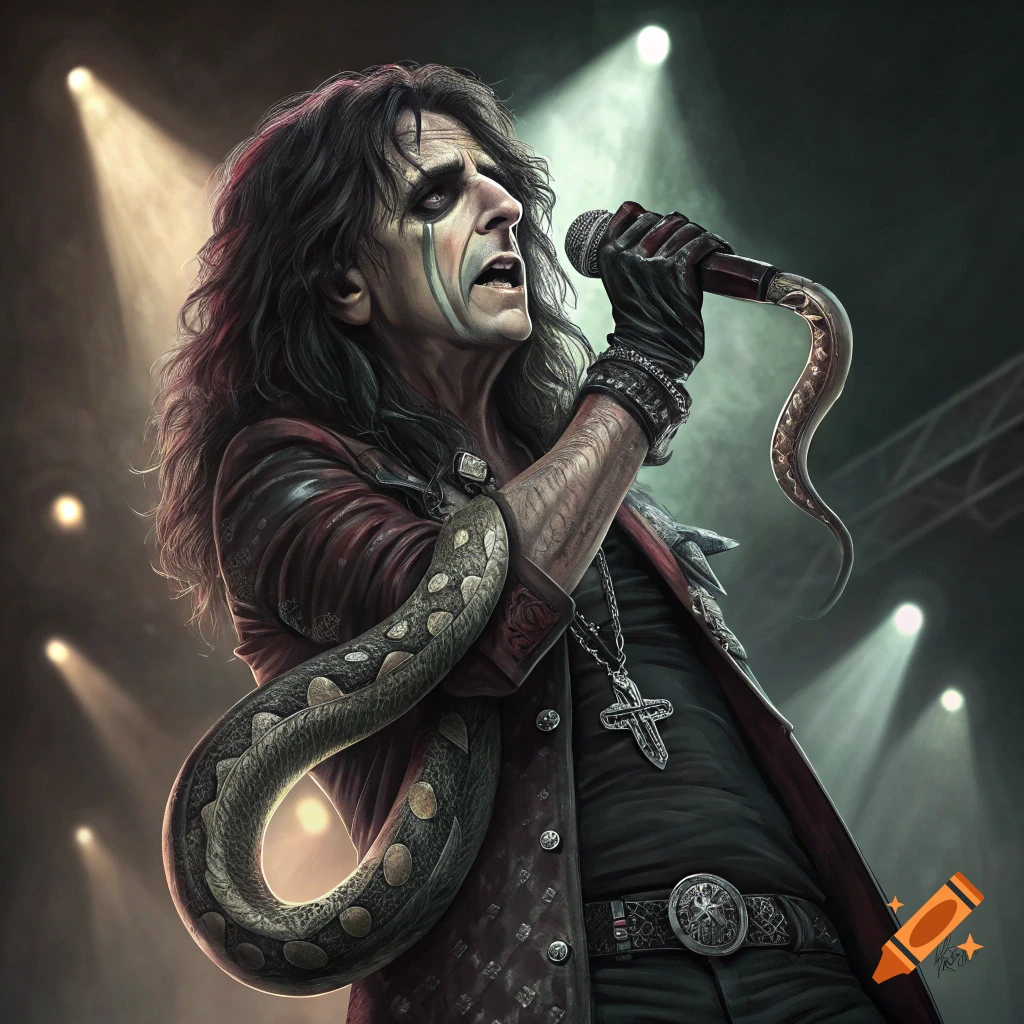 Illustration of Alice Cooper on stage with a microphone and a snake wrapped around his arm, under spotlights.