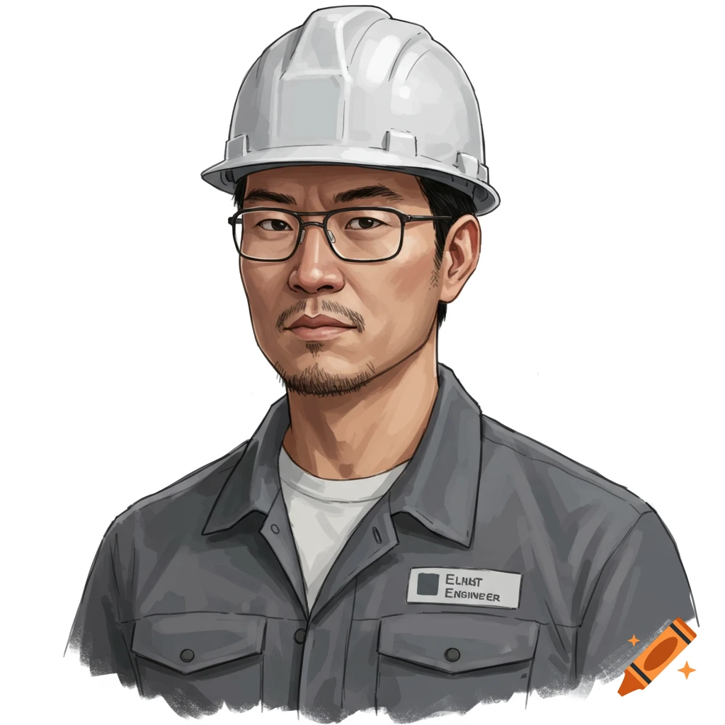An Asian male engineer wearing a hard hat and work shirt