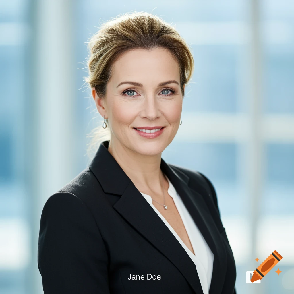 Smiling professional woman in black suit, with text Jane Doe and LinkedIn logo