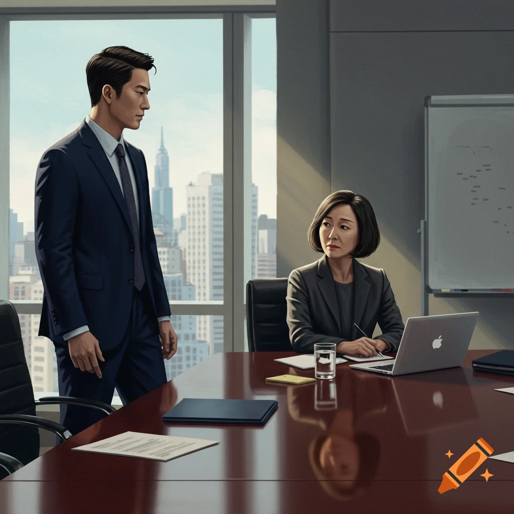 A man and woman in a meeting room with a city view.