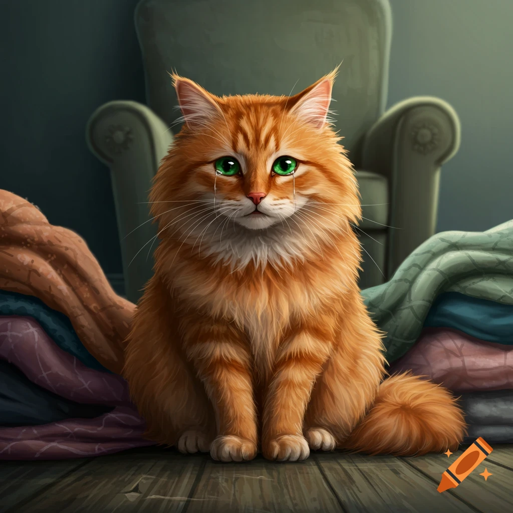 A sad orange fluffy cat with green eyes sits crying on a floor next to blankets and a chair.