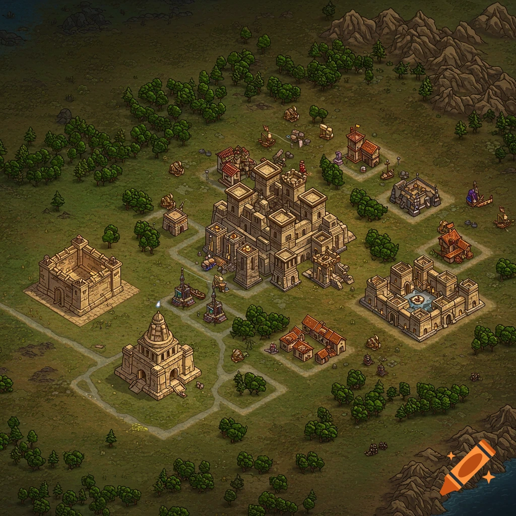 Isometric view of a fantasy city or settlement with stone buildings, roads, trees, and mountains, in a strategy game art style.