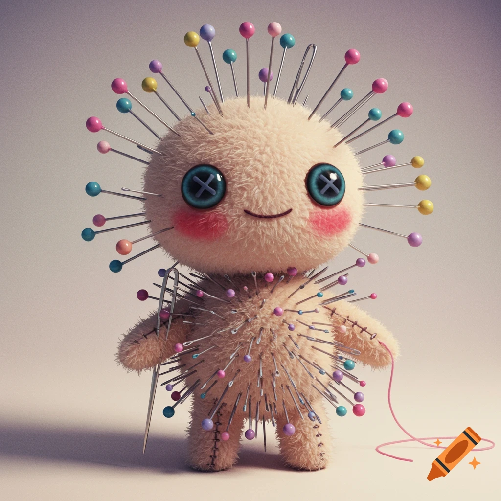 Cute plush doll covered in colorful sewing pins.