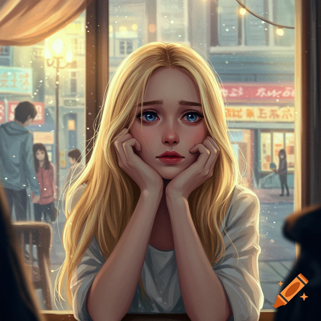 Sad blonde woman looks out a window at a street.