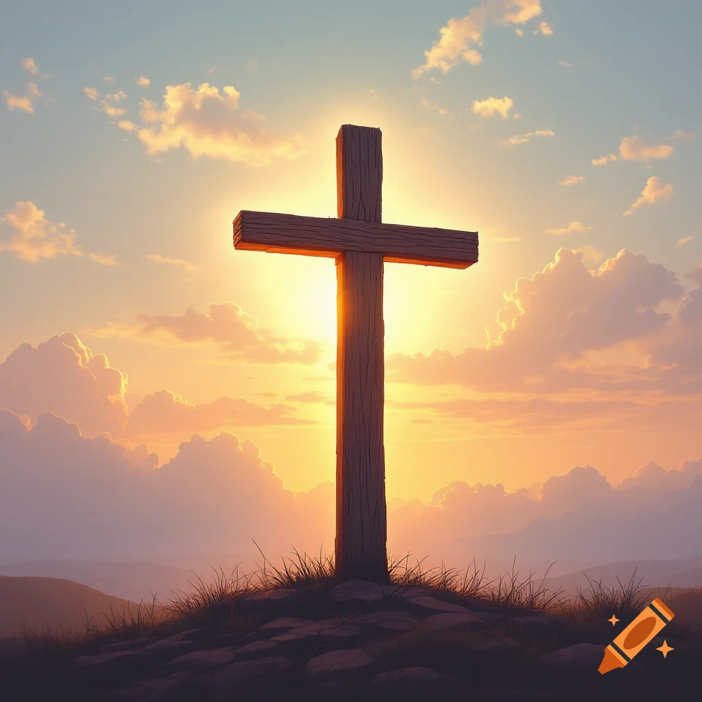 Wooden cross silhouetted against a vibrant sunset sky on a grassy hill