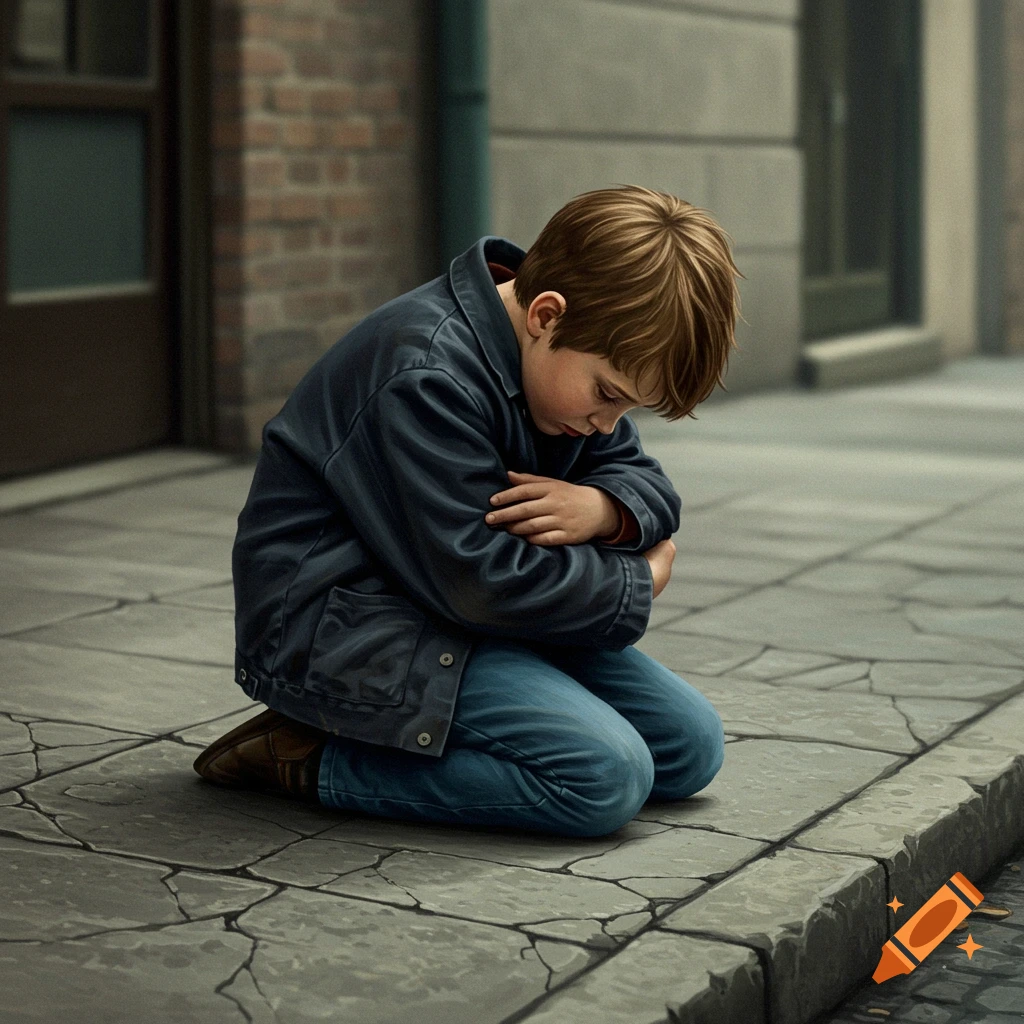 A painting of a young boy kneeling on a cracked sidewalk, head bowed in sadness.