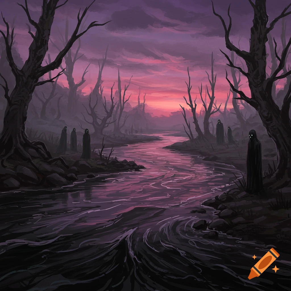 A dark forest with robed figures by a river under a purple and pink sunset.