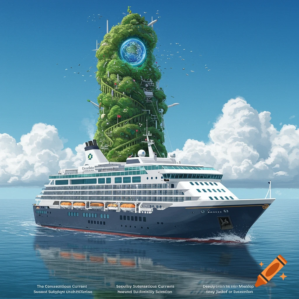 A futuristic cruise ship with a large tree and mountain on its deck sails on the ocean under a cloudy sky.