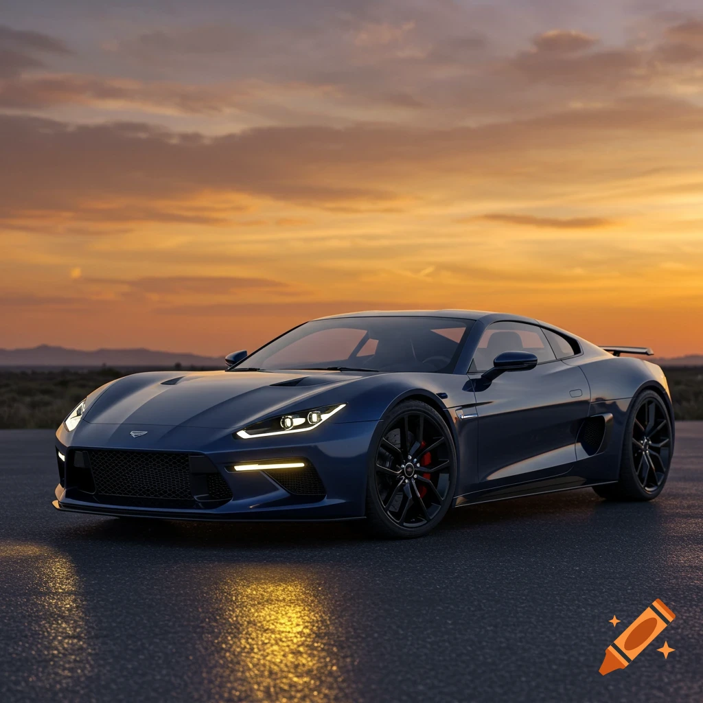 A blue sports car is parked on a road at sunset.
