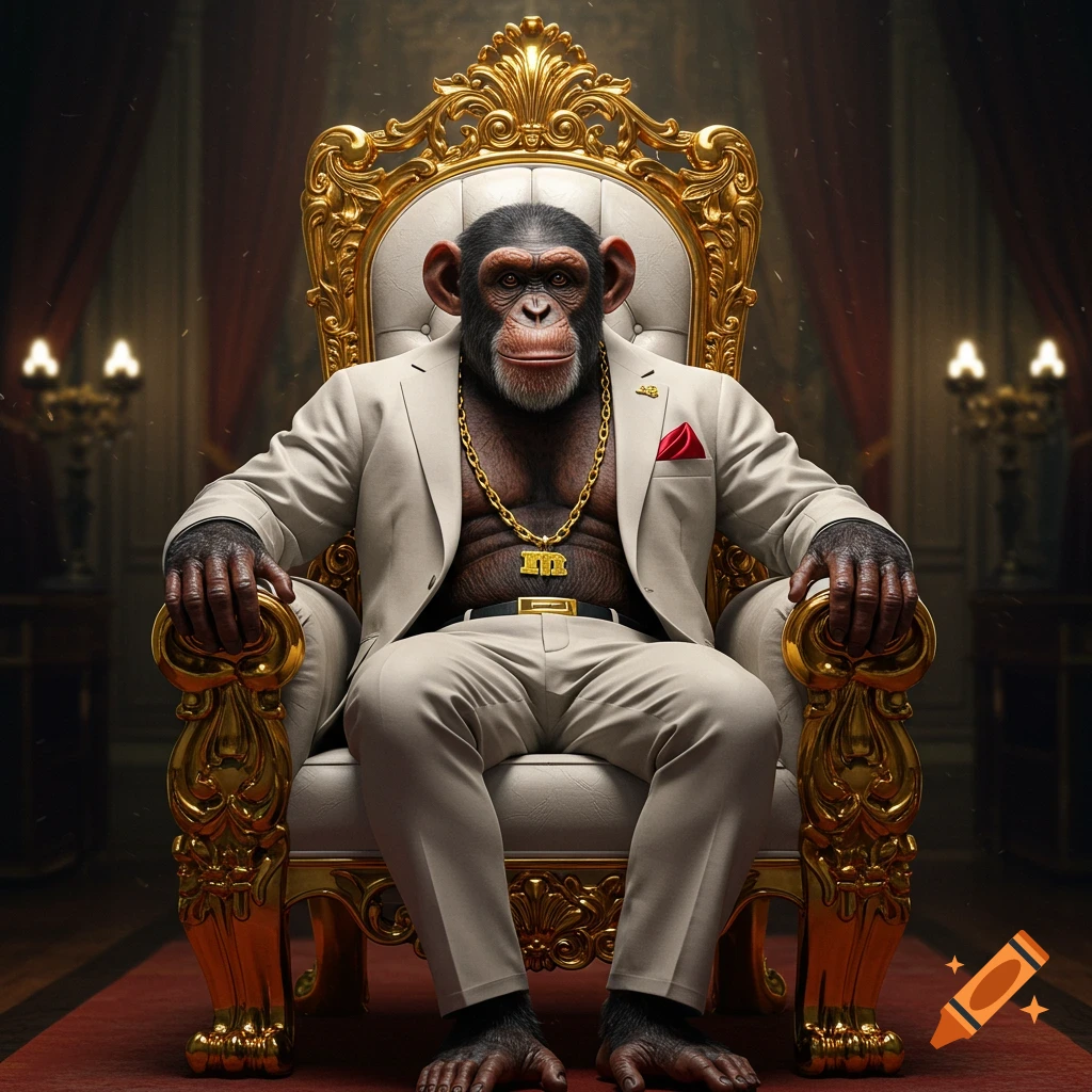 A chimpanzee in a suit and gold chain is sitting on a golden throne.