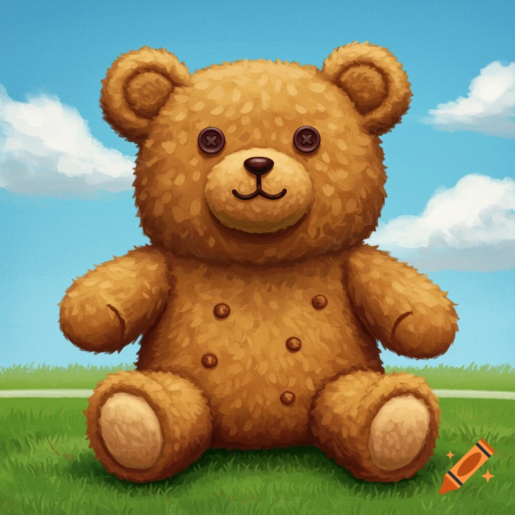A teddy bear sitting in a grassy field under a blue sky