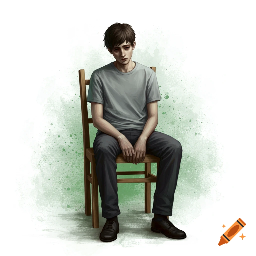 A sad young man sitting on a wooden chair.