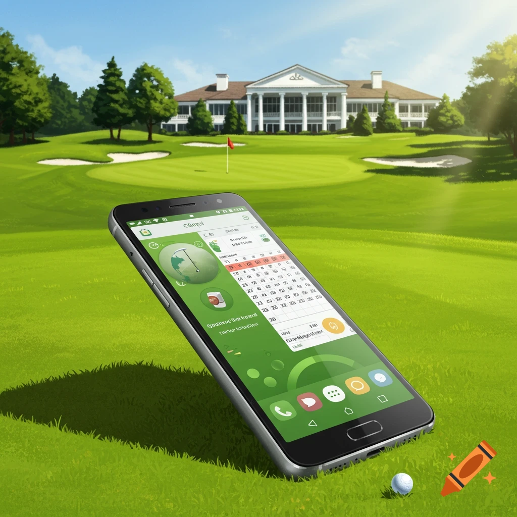 An Android phone displays a golf app while sitting on a golf course.