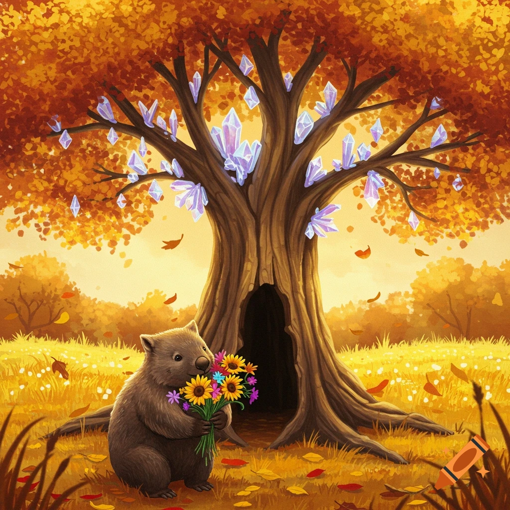 A wombat holding flowers stands before a tree covered in crystals in a fall landscape.